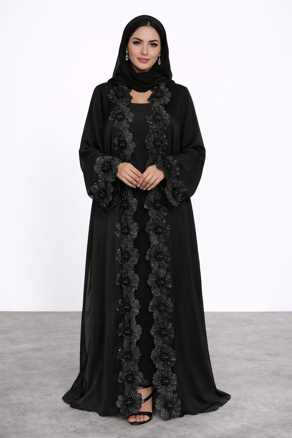 Black Floral Lace Abaya