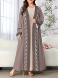 Silver Satin Open Abaya Set with Lace Trim