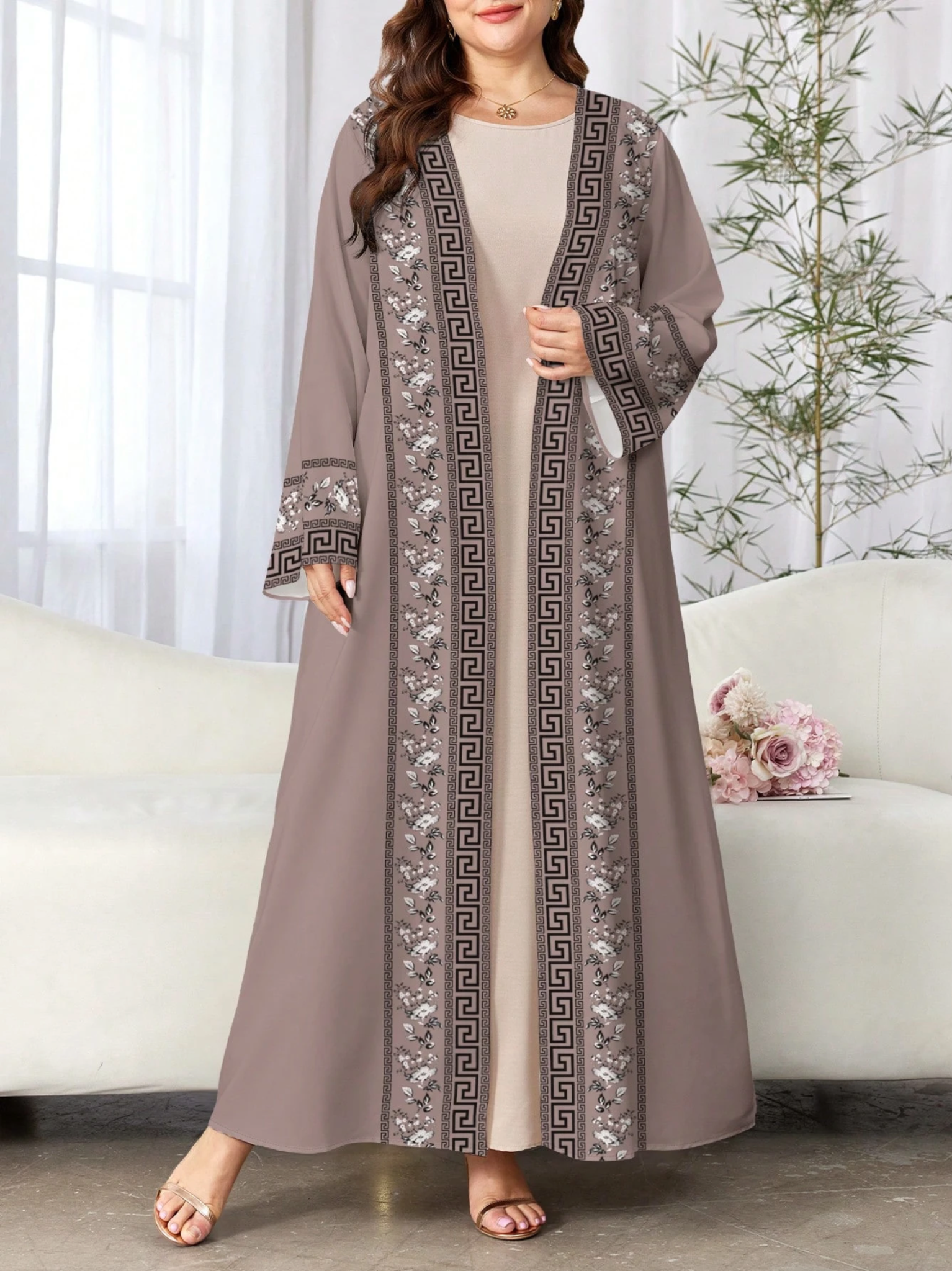 Silver Satin Open Abaya Set with Lace Trim